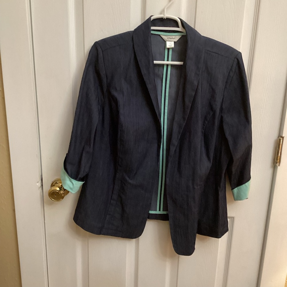 CJ Banks Navy Open-Front Blazer with Mint Trim